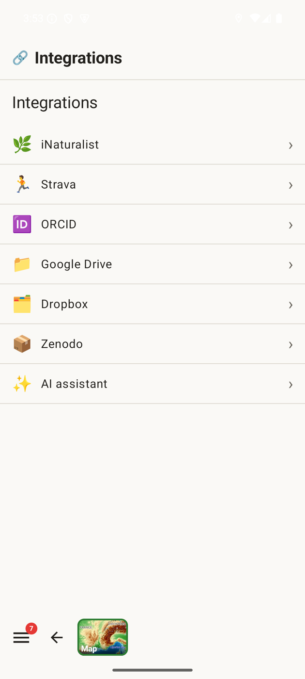 Integrations screen