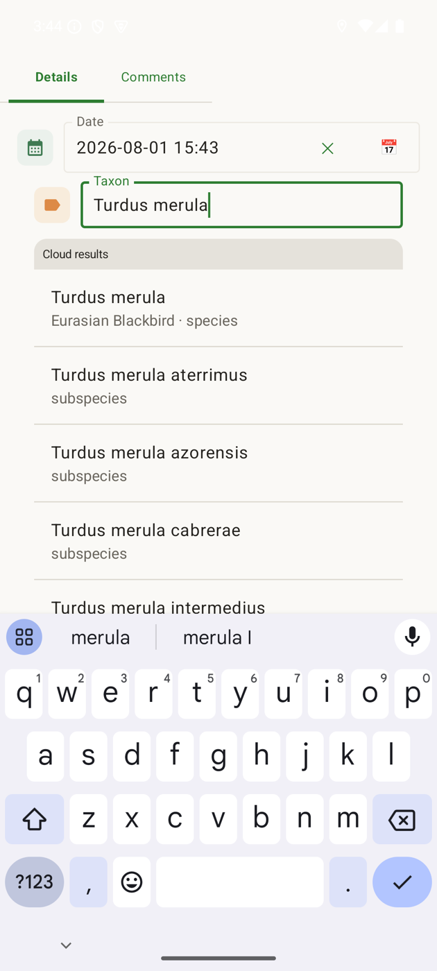 Species search screen