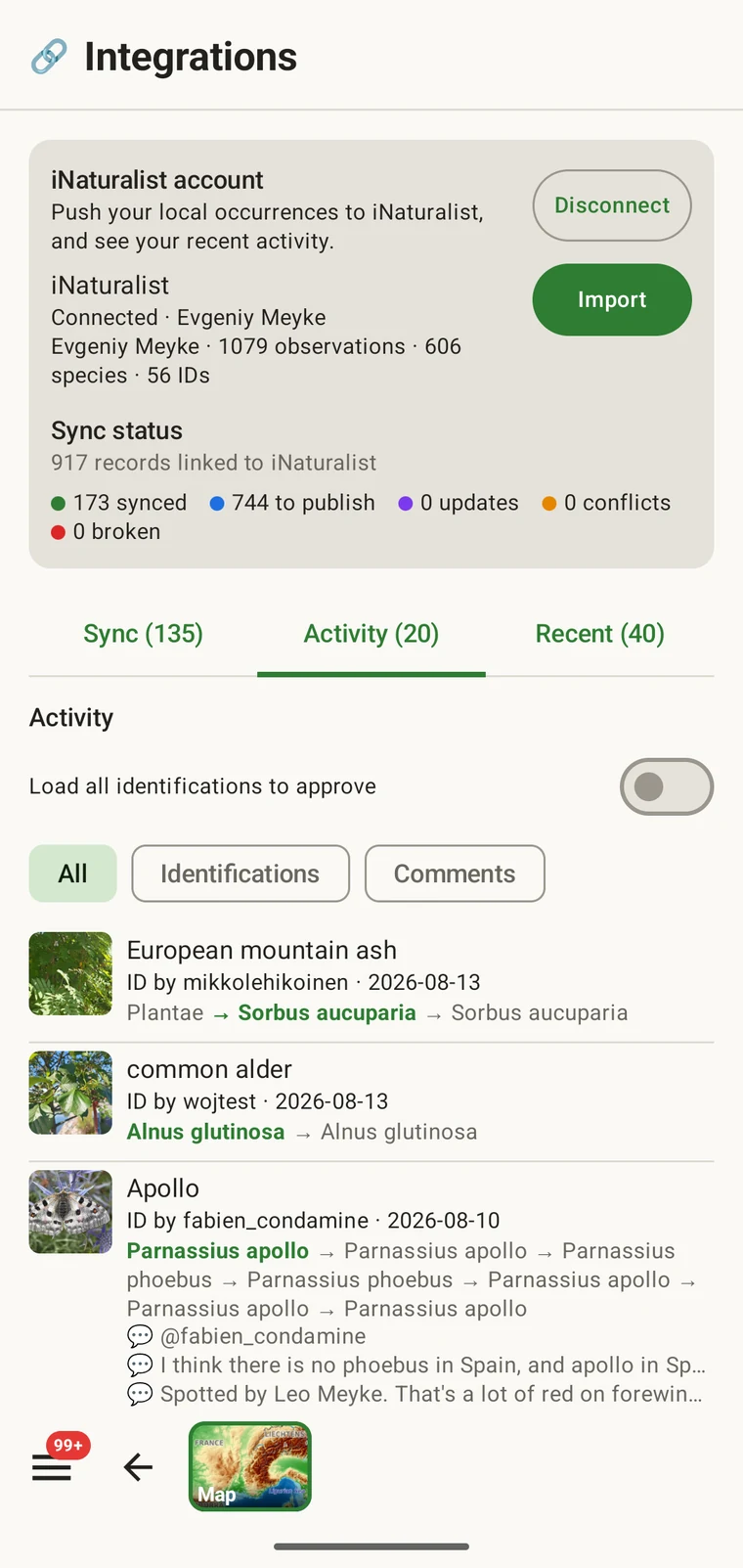 iNaturalist activity feed showing recent identifications on your own observations