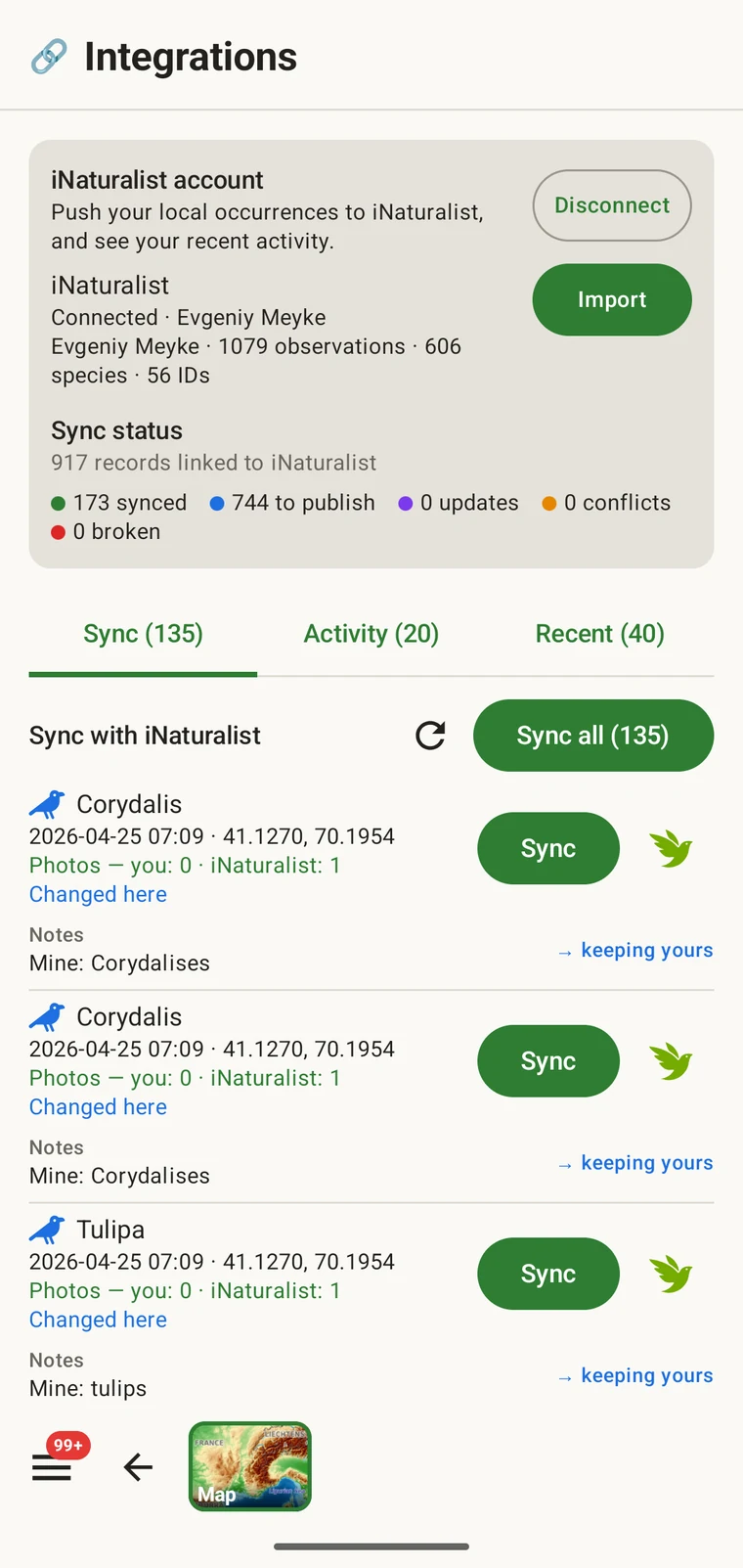 iNaturalist hub showing the connected account