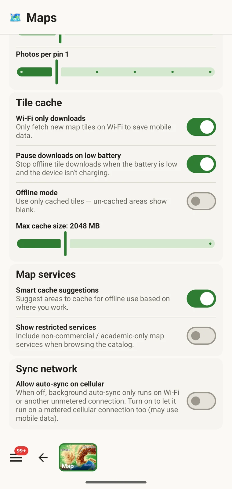 Map settings: tile cache, Wi-Fi-only downloads and offline mode