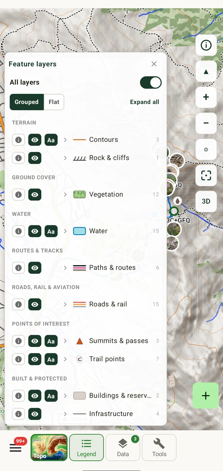Feature layers panel with visibility, label and info toggles