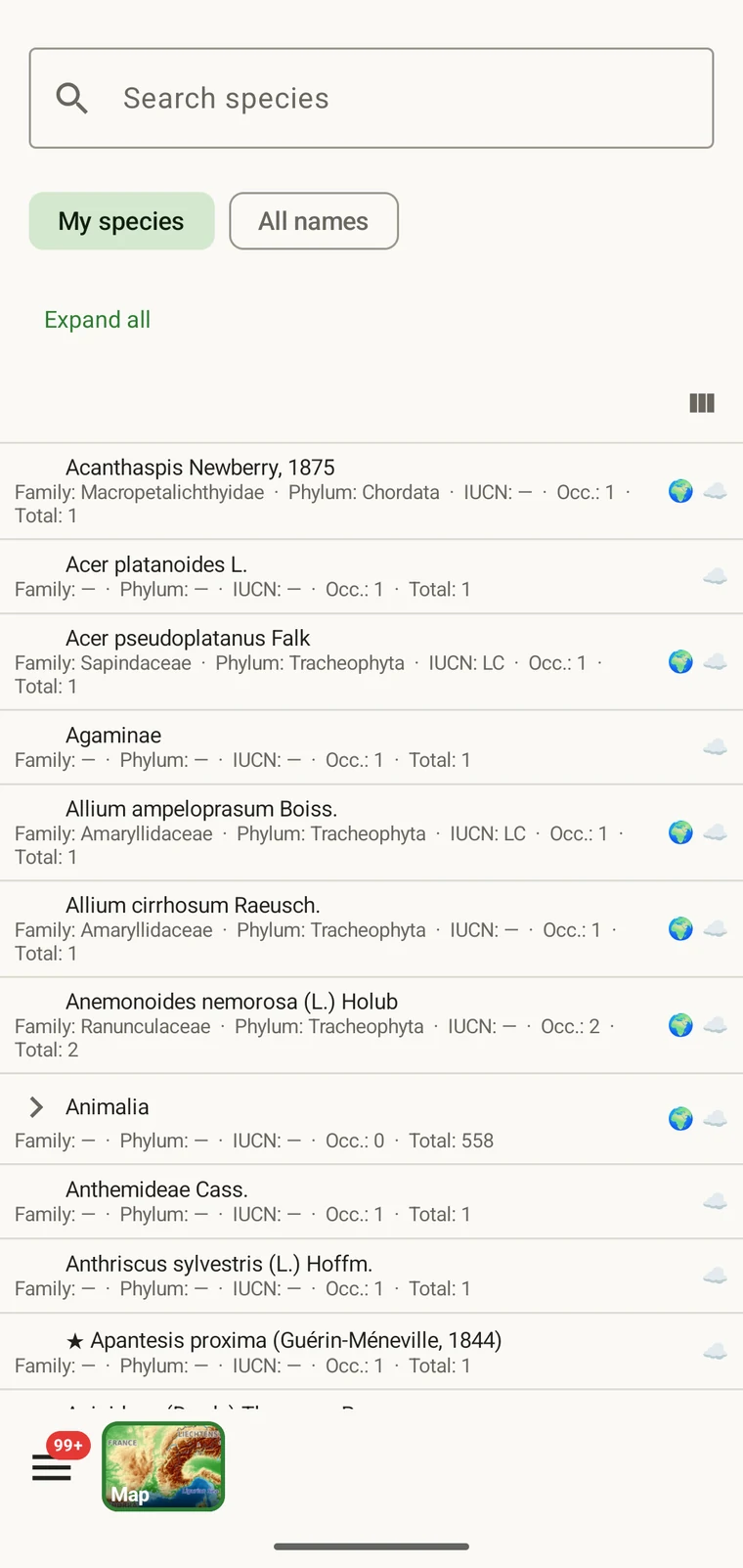 Taxa list
